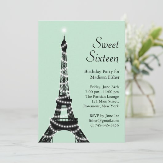 Sweet Sixteen Eiffeltoren Uitnodiging in Mint (Staand voorkant)
