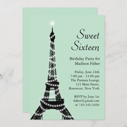 Sweet Sixteen Eiffeltoren Uitnodiging in Mint (Voorkant / Achterkant)