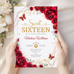 Sweet Sixteen Elegant Chic Red Roses Gold Kaart<br><div class="desc">Rood,  goud en wit Sweet Sixteen uitnodiging. Beschikt over script lettertype,  gouden vlinders,  rode rozen en tiara. Perfect voor een elegante prinses stijl glam Sweet 16 verjaardagsfeest. Personaliseer met uw eigen gegevens. Gedrukte Zazzle-uitnodigingen of direct downloadbare digitale afdrukbare sjabloon.</div>