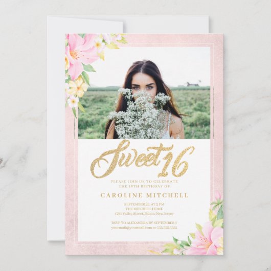 Sweet Sixteen Elegant Floral Blush Pink Foto Kaart (Voorkant)