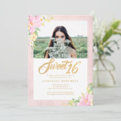 Sweet Sixteen Elegant Floral Blush Pink Foto Kaart (Staand voorkant)