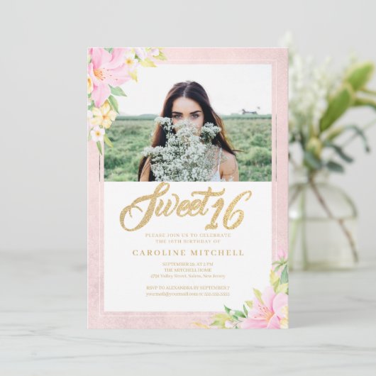 Sweet Sixteen Elegant Floral Blush Pink Foto Kaart (Staand voorkant)