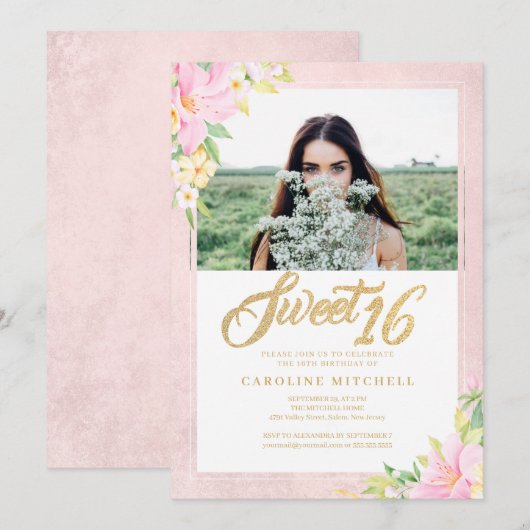 Sweet Sixteen Elegant Floral Blush Pink Foto Kaart (Voorkant / Achterkant)