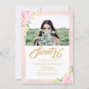 Sweet Sixteen Elegant Floral Blush Pink Foto Kaart