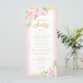 Sweet Sixteen Elegant Floral Waterverf Blush Pink Menu (Staand voorkant)