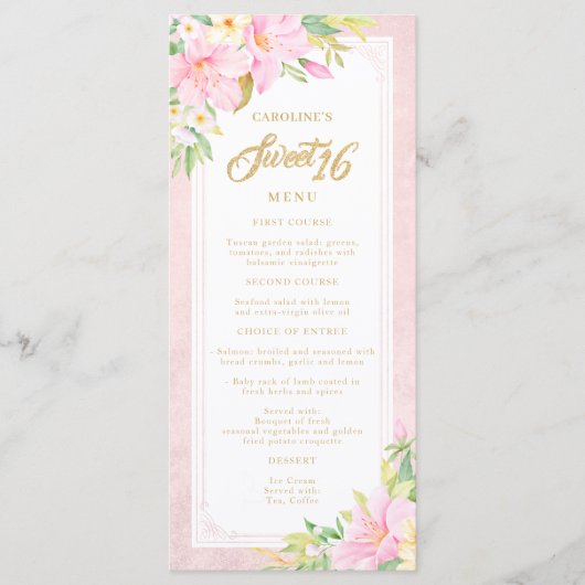 Sweet Sixteen Elegant Floral Waterverf Blush Pink Menu (Voorkant)