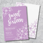 Sweet Sixteen Elegant Paarse 16e Verjaardag Kaart<br><div class="desc">16e Paarse Floral Sweet Sixteen Birthday Party Invitation. Een leuke maar elegante 16e verjaardagsfeestuitnodiging met meisjesachtige paarse en witte bloemcontouren. Een speels bloemmotief lijsten een script typografie "sweet sixteen" gemengd met een meer klassieke serif lettertype. Vier 16 jaar van het leven met dit stijlvolle, prachtige botanische ontwerp. Het leuke is...</div>