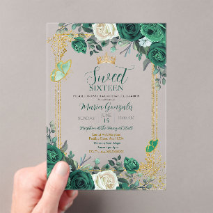 Sweet Sixteen Emerald Green & Gold Verjaardag Acryl Uitnodigingen