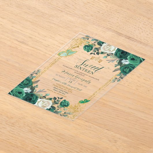 Sweet Sixteen Emerald Green & Gold Verjaardag Acryl Uitnodigingen (Laagn)