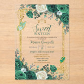 Sweet Sixteen Emerald Green & Gold Verjaardag Acryl Uitnodigingen (Voorkant)