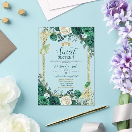 Sweet Sixteen Emerald Green & Gold Verjaardag Acryl Uitnodigingen (Insitu (Huwelijk))