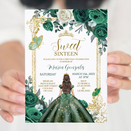Sweet Sixteen Emerald Green & White Birthday Kaart
