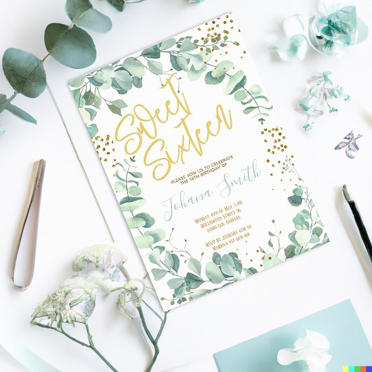 Sweet Sixteen Eucalyptus Gold Birthday Uitnodiging