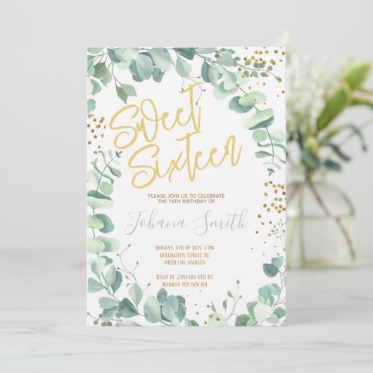 Sweet Sixteen Eucalyptus Gold Birthday Uitnodiging (Staand voorkant)