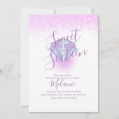 Sweet Sixteen Faux Diamond Gem Paarse Uitnodiging (Voorkant)