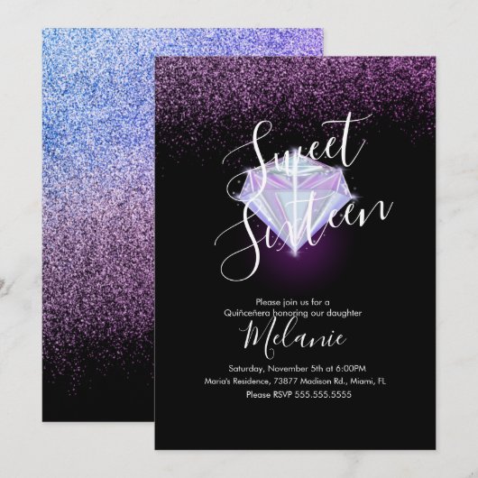 Sweet Sixteen Faux Diamond Gem Paarse Uitnodiging (Voorkant / Achterkant)