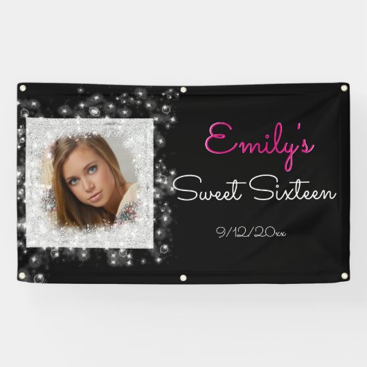 Sweet Sixteen, faux glitter, aangepaste foto Spandoek (Horizontaal)