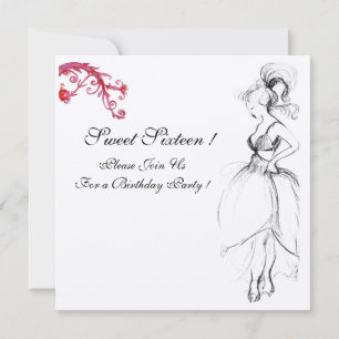 SWEET SIXTEEN FEEST, rode zwarte en witte champagn Kaart