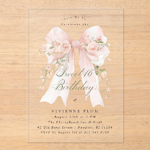 Sweet Sixteen Feest Roze Coquette Strik Roos Bloem Acryl Uitnodigingen
