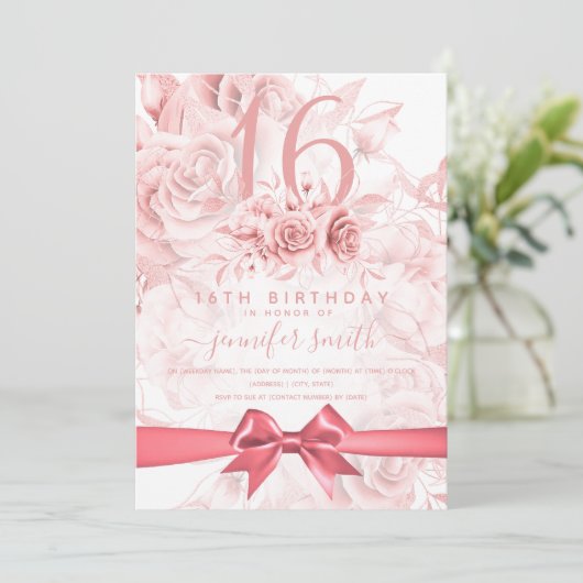 Sweet Sixteen Floral Girly Roos Gold & Blush Pink Kaart (Staand voorkant)