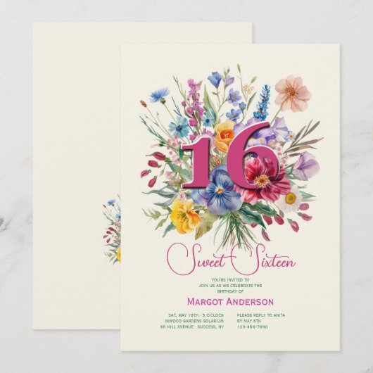 Sweet Sixteen Floral Kaart (Voorkant / Achterkant)