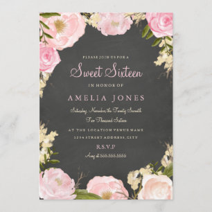 Sweet Sixteen Floral Roos Wreath Chalkboard Invite Kaart