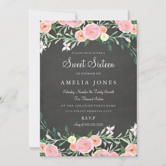 Sweet Sixteen Flower Chalkboard Pink Invite Kaart (Voorkant)