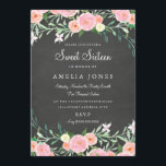 Sweet Sixteen Flower Chalkboard Pink Invite Kaart<br><div class="desc">roze en perzikzachte waterverf op de achtergrond van het karton. We hebben illustraties gebruikt van: www.createthecut.com</div>