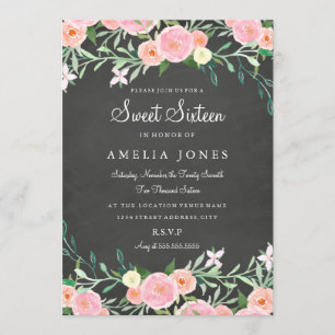 Sweet Sixteen Flower Chalkboard Pink Invite Kaart