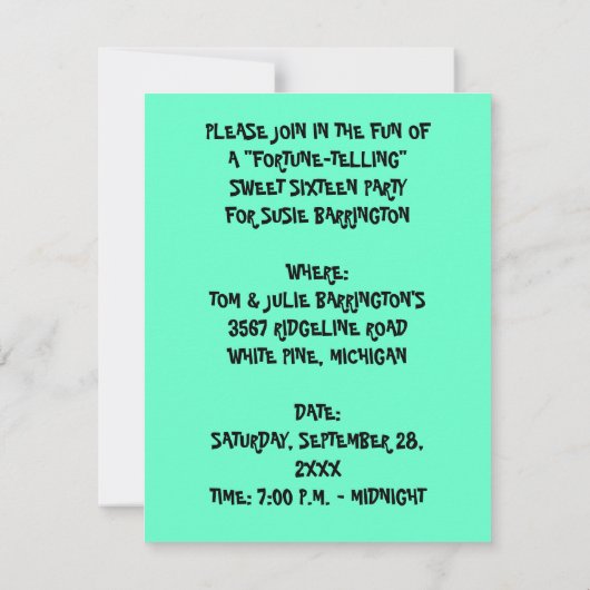 SWEET SIXTEEN ~ FORTUNE-TELLING ARTIJ INVITATION KAART (Achterkant)