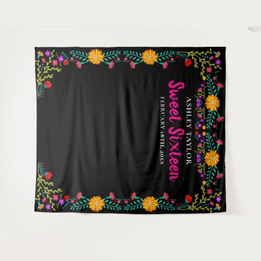 Sweet Sixteen Foto Booth Backdrop Mexicaanse Flowe Wandkleed (Voorkant (horizontaal))