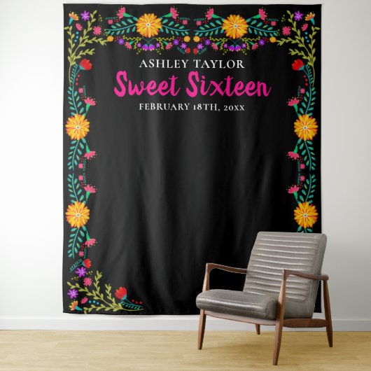 Sweet Sixteen Foto Booth Backdrop Mexicaanse Flowe Wandkleed (In situ)