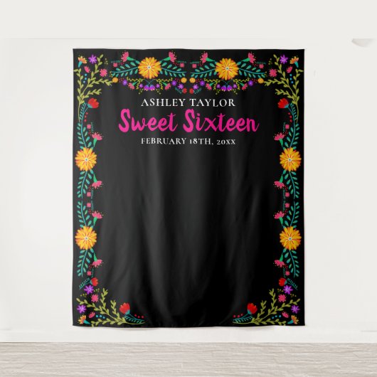 Sweet Sixteen Foto Booth Backdrop Mexicaanse Flowe Wandkleed (Voorkant)