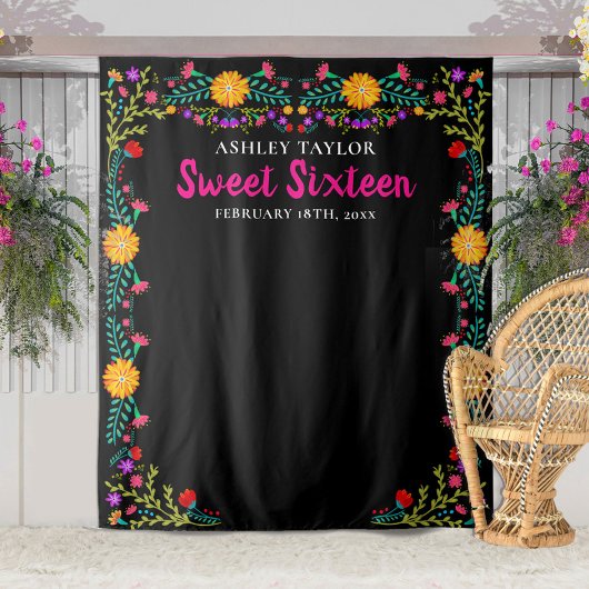 Sweet Sixteen Foto Booth Backdrop Mexicaanse Flowe Wandkleed