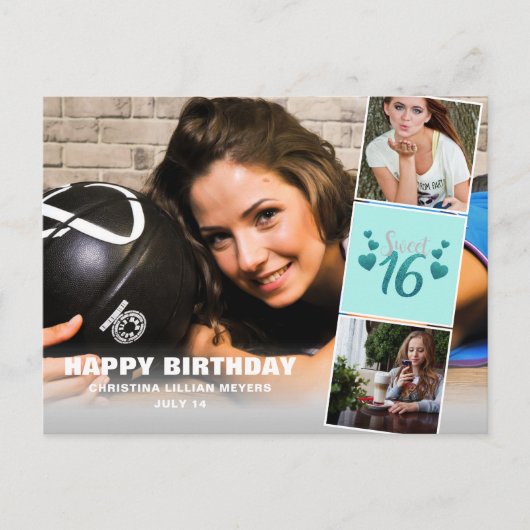 Sweet Sixteen foto Collage Turquoise Glitter Briefkaart (Voorkant)