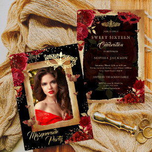 Sweet Sixteen Foto Masquerade Party Red Rose Gold Folie Uitnodiging
