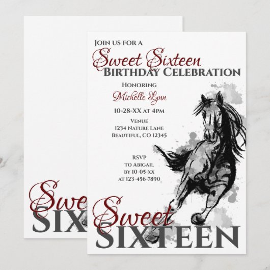 Sweet Sixteen Galloping Horse Birthday Party Kaart (Voorkant / Achterkant)