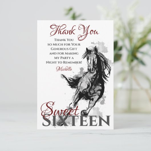 Sweet Sixteen Galloping Horse Sketch Flat Birthday Bedankkaart (Staand voorkant)