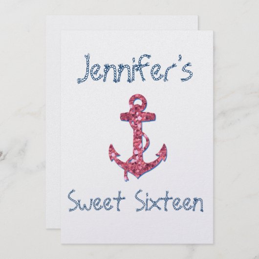 Sweet Sixteen Girly, Fun, Roze Glitter Anchor Kaart (Voorkant / Achterkant)