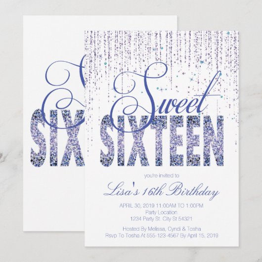 Sweet Sixteen, Glam Glitter Invitter Kaart (Voorkant / Achterkant)