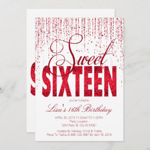 Sweet Sixteen, Glam Red Glitter Invitter Kaart