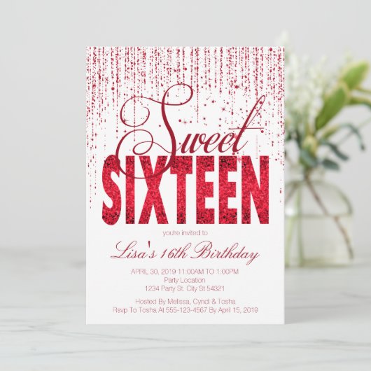 Sweet Sixteen, Glam Red Glitter Uitnodigingen (Staand voorkant)