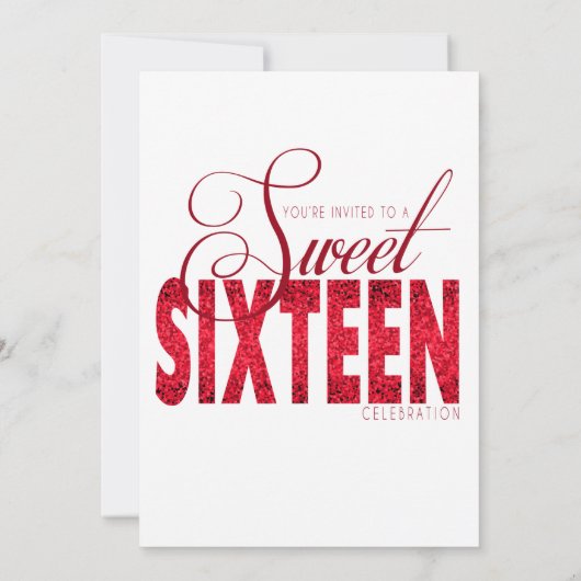 Sweet Sixteen, Glam Red Glitter Uitnodigingen (Achterkant)