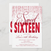 Sweet Sixteen, Glam Red Glitter Uitnodigingen (Voorkant / Achterkant)