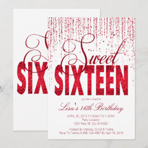 Sweet Sixteen, Glam Red Glitter Uitnodigingen