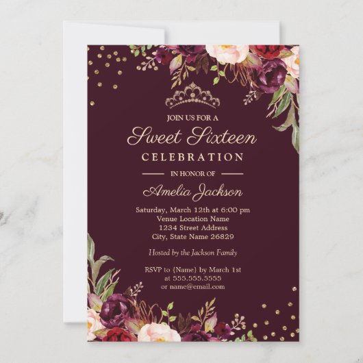 Sweet Sixteen Gold Bourgogne floral Sparkle Kaart (Voorkant)