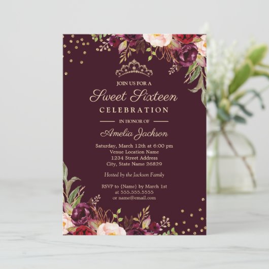 Sweet Sixteen Gold Bourgogne floral Sparkle Kaart (Staand voorkant)