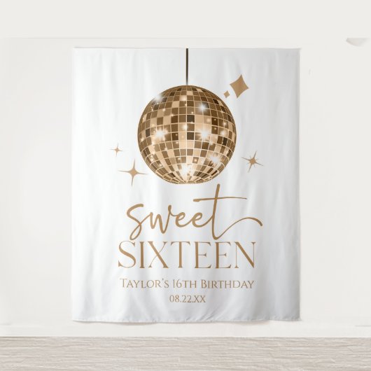 Sweet Sixteen Gold Disco Ball 16e verjaardagsfeest Wandkleed (Voorkant)