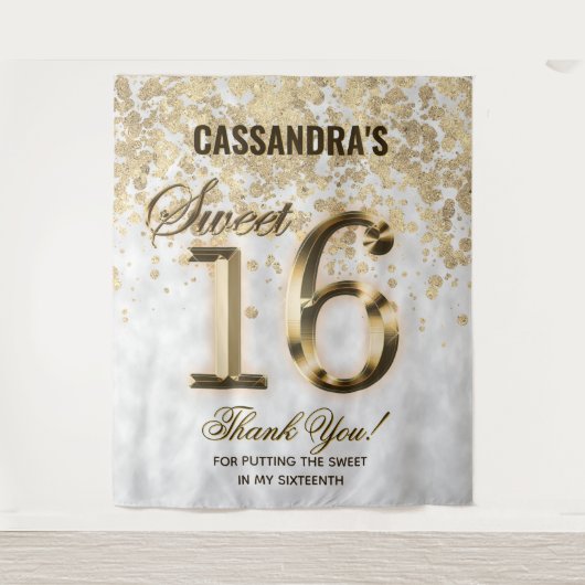 Sweet Sixteen Gold Faux Folie Glitter Tapestry Wandkleed (Voorkant)