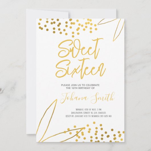 Sweet Sixteen Gold White, 16e verjaardag Uitnodigi Kaart (Voorkant)